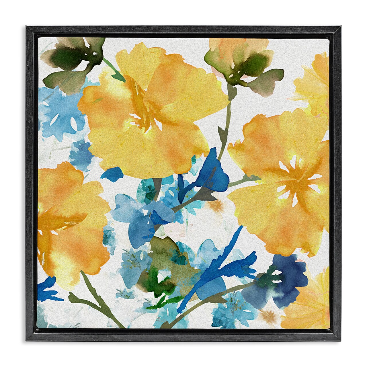 Stupell Industries Yellow & Blue Hibiscus Framed Floater Canvas Wall Art